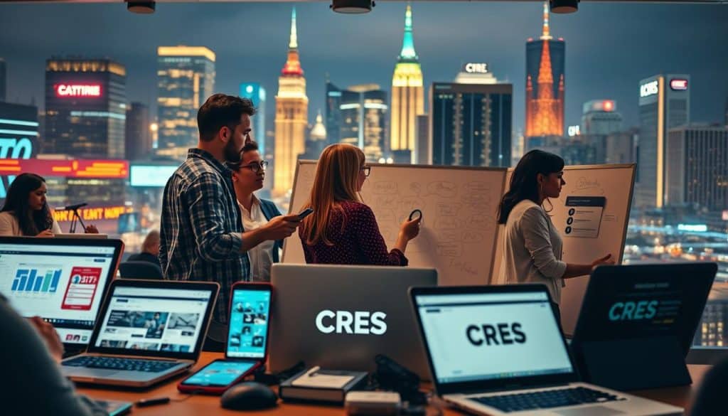 A busy social media marketing scene featuring the CRES brand, with a foreground of trendy digital devices, smartphones, and laptops displaying analytics dashboards and content creation tools. In the middle ground, a diverse team of marketing professionals collaborating, brainstorming ideas, and strategizing on a large whiteboard. The background showcases a vibrant, neon-lit cityscape, symbolizing the dynamic and fast-paced nature of the digital marketing landscape. Soft, warm lighting creates a productive, creative atmosphere, while a sense of movement and energy captures the essence of effective social media marketing.