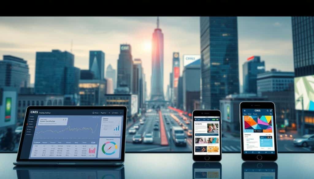 A captivating scene of modern web applications, captured with a cinematic lens. In the foreground, a sleek CRES dashboard interface showcases intuitive data visualizations and seamless user interactions. The middle ground features a trio of responsive mobile devices, their screens displaying vibrant web app designs. In the background, a cityscape of towering skyscrapers and bustling streets, symbolizing the ubiquity of web-based solutions in the digital age. Soft, directional lighting illuminates the scene, creating a sense of depth and emphasizing the polished, high-tech aesthetic. The overall atmosphere conveys the power, flexibility, and essential role of web applications in driving business success in the 21st century.