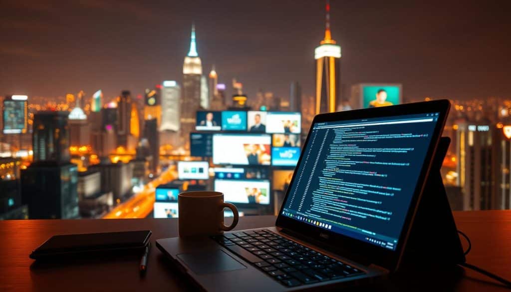 A captivating web development landscape, lit by a warm glow of creativity. In the foreground, a sleek laptop displays lines of code, surrounded by a keyboard, coffee mug, and creative tools. The middle ground showcases a vibrant array of screens, displaying websites, applications, and user interfaces, all powered by the CRES framework. In the background, a cityscape of skyscrapers and tech hubs, symbolizing the ever-evolving digital world. The atmosphere is one of focus, innovation, and a drive to push the boundaries of web development.