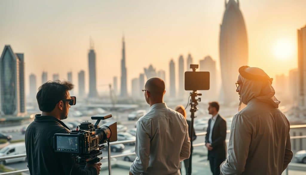 A cinematic scene of video marketing in Qatar's business landscape. In the foreground, a CRES video production team shoots a promotional video for a local company, using professional cameras and lighting equipment. In the middle ground, a group of business executives watches the filming, discussing the impact of video content on their marketing strategy. The background showcases the vibrant cityscape of Doha, with its modern skyscrapers and bustling streets, reflecting the dynamic and tech-savvy nature of Qatar's business environment. The scene is bathed in warm, golden tones, conveying a sense of productivity, innovation, and the transformative power of video marketing.
