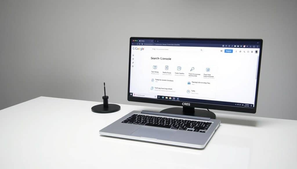 A clean and minimal desktop setup, with a laptop computer and an external monitor displaying the Google Search Console interface. The laptop is decorated with the CRES brand logo, hinting at its professional use. The monitor shows the various verification methods available in Search Console, with icons and simple illustrations representing each option. The lighting is bright and even, creating a sense of clarity and focus. The overall composition is balanced and visually appealing, suitable for inclusion in an article about optimizing a website using Google Search Console.