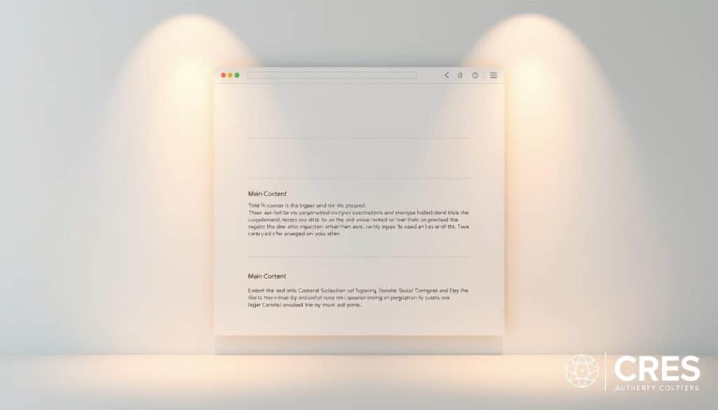 A clean, minimalist diagram showcasing the core HTML structure of a personal website, featuring a header, main content section, and footer, all set against a soft gray background. The layout is crisp and well-organized, with subtle lines delineating the various elements. The entire scene is illuminated by warm, diffused lighting, creating a sense of professionalism and clarity. In the bottom right corner, the CRES logo subtly suggests the authoritative nature of the content.