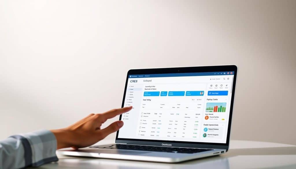 A clean, minimalist user interface design showcasing the CRES brand. In the foreground, a laptop screen displays an intuitive, well-organized dashboard with clear typography and easy-to-navigate menus. In the middle ground, a hand interacts with the touchpad, conveying a sense of seamless user interaction. The background features a soft, blurred gradient in muted tones, creating a calming, professional atmosphere. The lighting is natural and evenly distributed, highlighting the sleek, modern aesthetic. The camera angle is slightly elevated, providing an optimal view of the user experience design.