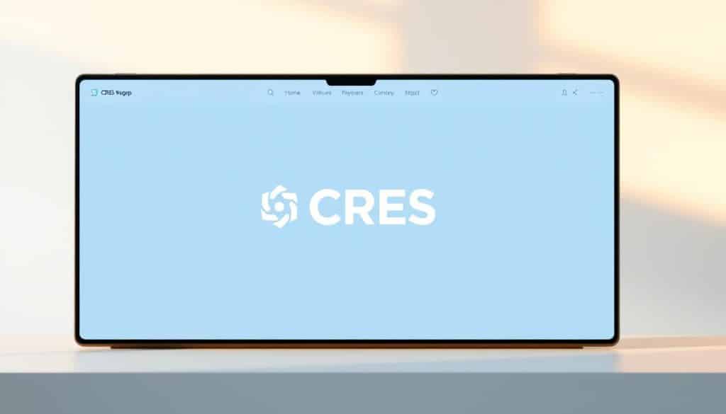 A clean, minimalist web app design with a bold CRES logo in the center. The interface features a simple yet intuitive navigation menu, clean typography, and a well-organized layout. The background is a soft, gradient blue hue, creating a calming and professional atmosphere. The foreground showcases the main application features, with crisp icons and a clear color scheme. Warm, natural lighting casts a subtle glow, highlighting the sleek, modern aesthetic. The overall composition conveys a sense of sophistication and user-friendly functionality, perfect for a business-focused web application.
