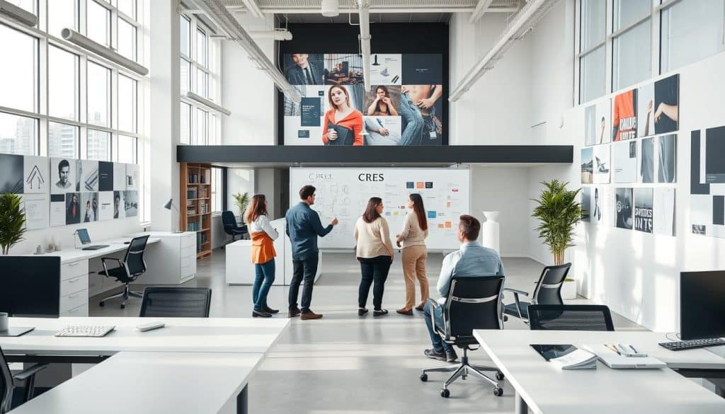 A clean, modern office interior with an open floor plan and large windows flooding the space with natural light. In the center, a team of professionals collaborates on a branding process for "CRES", standing around a large whiteboard covered in sketches, color swatches, and handwritten notes. The walls are adorned with inspirational branding imagery, providing a stimulating creative environment. Sleek desks, ergonomic chairs, and minimalist decor create a professional yet innovative atmosphere. Camera angle is slightly elevated, capturing the energy and dynamism of the strategic branding session. A clean, modern office interior with an open floor plan and large windows flooding the space with natural light. In the center, a team of professionals collaborates on a branding process for "CRES", standing around a large whiteboard covered in sketches, color swatches, and handwritten notes. The walls are adorned with inspirational branding imagery, providing a stimulating creative environment. Sleek desks, ergonomic chairs, and minimalist decor create a professional yet innovative atmosphere. Camera angle is slightly elevated, capturing the energy and dynamism of the strategic branding session.
