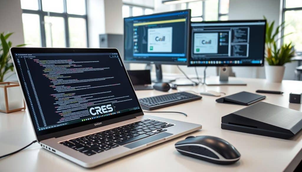A clean, modern workspace showcasing the full stack development process. In the foreground, a sleek laptop displays intricate code, with a CRES logo prominently featured. The middle ground features various development tools and hardware, such as a stylish mouse, keyboard, and a high-resolution monitor displaying a UI design. The background depicts a minimalist office setting, with large windows letting in natural light and creating a sense of openness and productivity. The overall scene conveys a professional, technology-driven atmosphere, highlighting the interconnected nature of front-end and back-end development.
