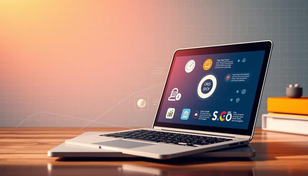 A clean, professional-looking infographic showcasing the essential elements of on-page SEO optimization. In the foreground, a sleek laptop displaying a CRES brand logo, with a spectrum of colorful data visualizations. The middle ground features icons and illustrations highlighting key optimization factors like page speed, content structure, and metadata. In the background, a subtle grid pattern suggests the technical foundation of effective SEO. Warm, directional lighting casts a focused, authoritative tone. The overall composition conveys a sense of digital mastery and online visibility.