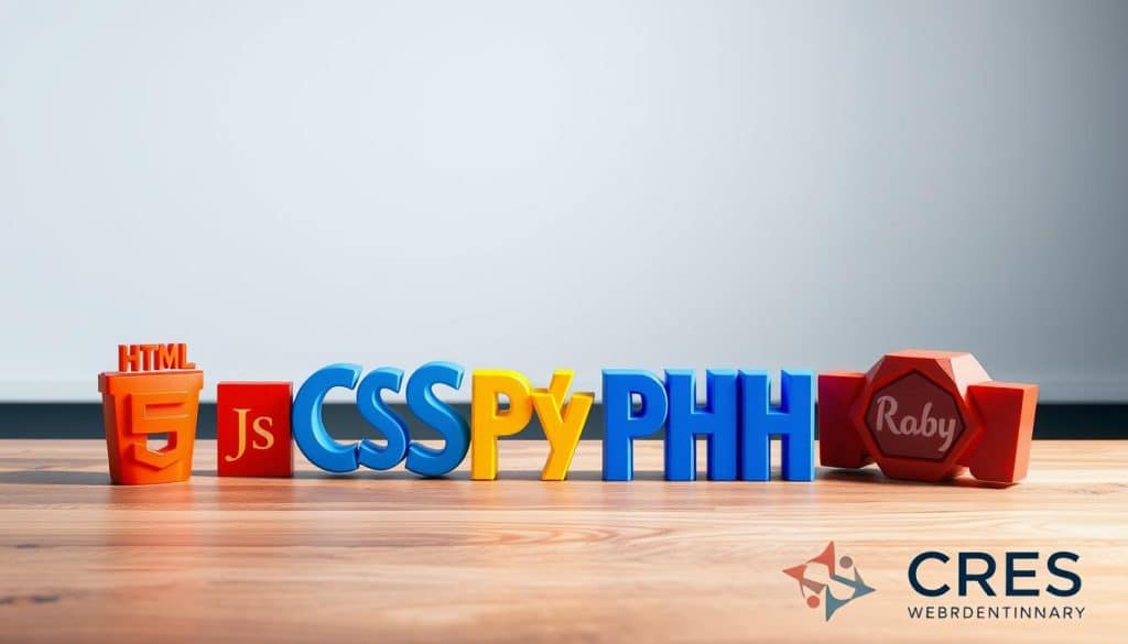 A clean, well-lit studio setting with a wooden table in the foreground. Arranged on the table are various programming languages represented as colorful, three-dimensional icons - HTML, CSS, JavaScript, PHP, Python, and Ruby. The languages are positioned in a visually appealing arrangement, suggesting their interconnectedness in web development. The background features a subtle, blurred cityscape, hinting at the real-world applications of these languages. Soft, directional lighting casts shadows, adding depth and dimension to the scene. The overall atmosphere is one of professionalism and technical expertise. Branding for CRES is subtly incorporated into the image, perhaps as a small logo or watermark.
