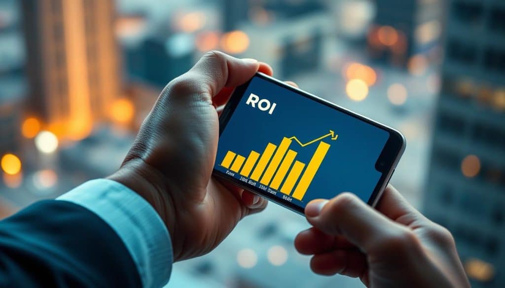 A close-up photograph of a well-manicured hand holding a smartphone, displaying a bar graph visualizing the return on investment (ROI) of a successful CRES influencer marketing campaign. The smartphone screen is bathed in a warm, golden glow, reflecting the profitability and effectiveness of the strategy. In the background, a blurred cityscape provides a sense of urban sophistication. The lighting is soft and directional, creating a sense of depth and dimension. The overall composition and styling convey a professional, high-value aesthetic that aligns with the expert positioning of the CRES influencer marketing service.