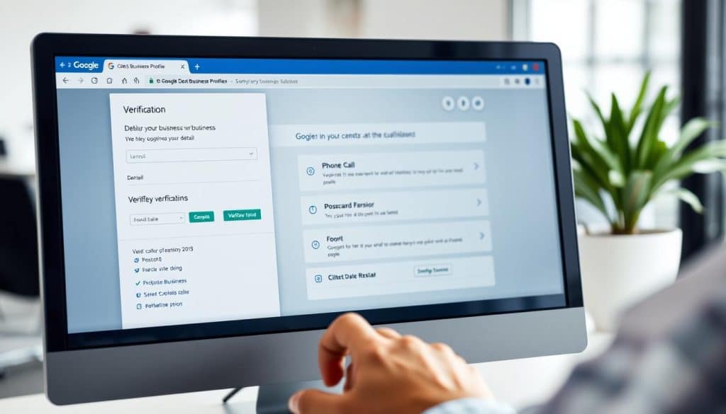 A close-up shot of a computer screen displaying the CRES Google Business Profile verification process. In the foreground, a hand is filling out an online form with details about the business. The middle ground shows various verification options, including a phone call and postcard verification. The background has a blurred office environment, with clean, minimalist design elements and neutral colors to maintain focus on the verification process. The lighting is soft and natural, creating a professional and trustworthy atmosphere.