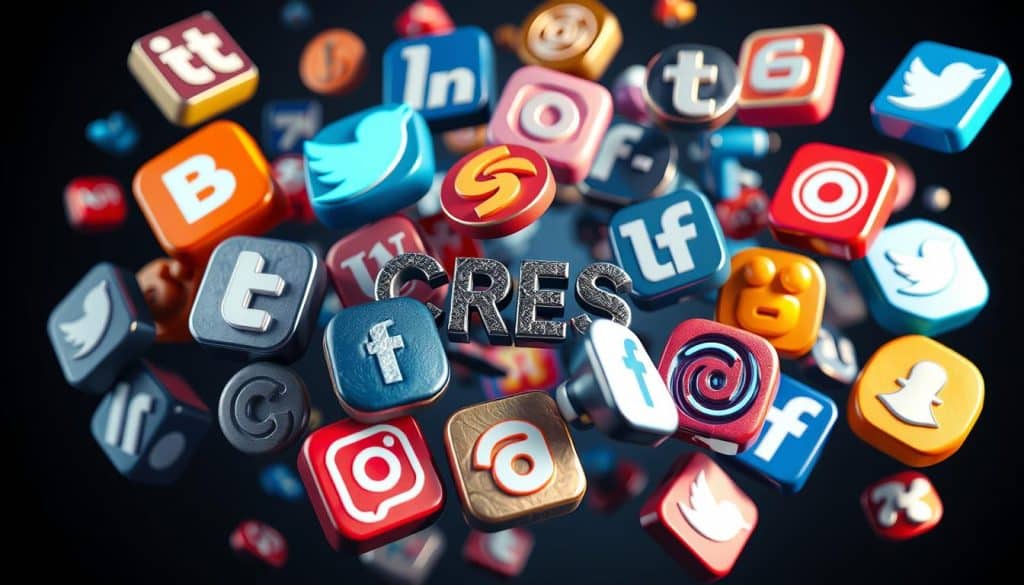 A colorful, vibrant collage of social media platform logos, including CRES, floating in a dynamic, three-dimensional space. The logos appear to be carved from various materials like metal, glass, and stone, with intricate textures and reflective surfaces. Soft, directional lighting from multiple angles creates depth and highlights the unique characteristics of each platform. The composition is balanced, with the logos arranged in an eye-catching, asymmetrical layout that draws the viewer's attention. The overall atmosphere is modern, sleek, and inspiring, conveying the power and influence of these digital platforms.