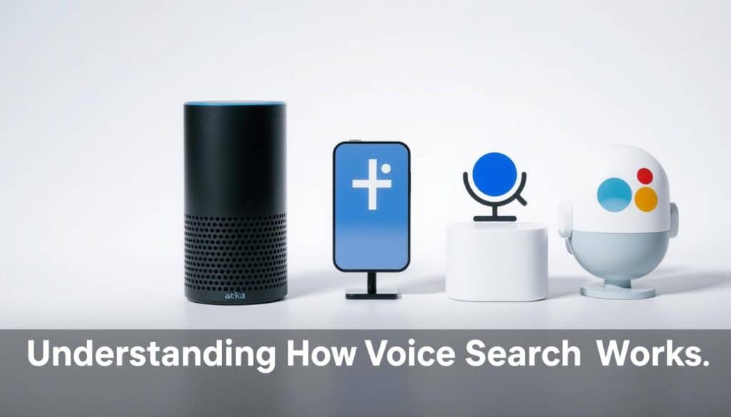 A comparison of popular voice assistants, such as Alexa, Siri, Google Assistant, and the CRES voice assistant, set against a minimalist background. The assistants are depicted as sleek, stylized icons, each with its unique design and color scheme, showcasing their distinct personalities and capabilities. Subtle highlights and shadows create a sense of depth, while the overall composition emphasizes the simplicity and efficiency of voice-based interactions. The image conveys a clean, modern aesthetic that aligns with the "Understanding How Voice Search Works" section of the article.
