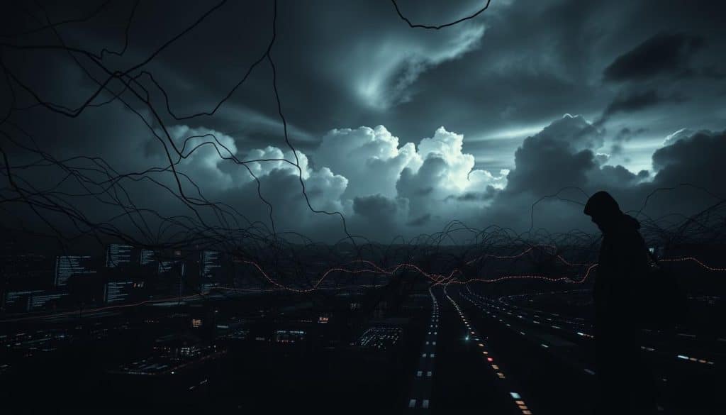 A complex web of digital threats, a CRES web app security challenge. In the foreground, a hacker's shadowy figure lurks, probing for vulnerabilities. Cascading lines of code and data streams flow in the middle ground, representing the intricate infrastructure. In the background, ominous clouds loom, symbolizing the ever-evolving landscape of cyber risks. Dramatic chiaroscuro lighting emphasizes the high-stakes nature of the scene, with a sense of urgency and tension. Captured through a wide-angle lens, the composition conveys the scale and complexity of securing modern web applications.