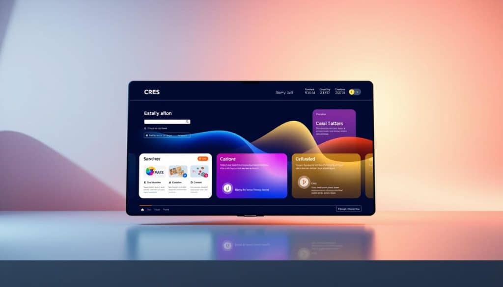 A contemporary, minimalist UI UX & graphic design illustration. In the foreground, a clean and elegant digital interface with intuitive navigation elements, vibrant CRES branding, and crisp typography. The middle ground features abstract geometric shapes and gradients, hinting at the creative possibilities of the design process. In the background, a soft, diffused light source casts a warm, inviting glow, evoking a sense of innovation and professionalism. The overall composition conveys a seamless integration of form and function, reflective of the intersection between UI UX and graphic design.