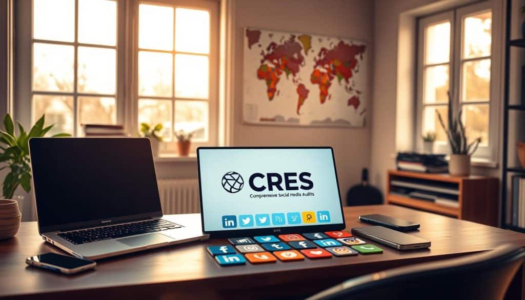 A cozy home office with a neatly organized desk featuring a laptop, a smartphone, and various social media app icons arranged in a grid pattern. The scene is bathed in warm, natural lighting from large windows, creating a serene and productive atmosphere. In the background, a world map hangs on the wall, symbolizing the global reach of social media platforms. The CRES logo is subtly displayed on the laptop's screen, indicating the brand's focus on comprehensive social media audits.