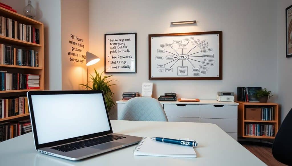 A cozy home office with warm lighting and a modern desk. On the desk, a laptop, a notepad, and a CRES-branded pen are neatly arranged. In the background, a bookshelf filled with reference books on SEO and digital marketing. The walls are adorned with inspirational quotes and a framed whiteboard displaying a mind map of keyword research strategies. The overall atmosphere conveys a sense of focused productivity and a deep understanding of the fundamentals of SEO keyword research.