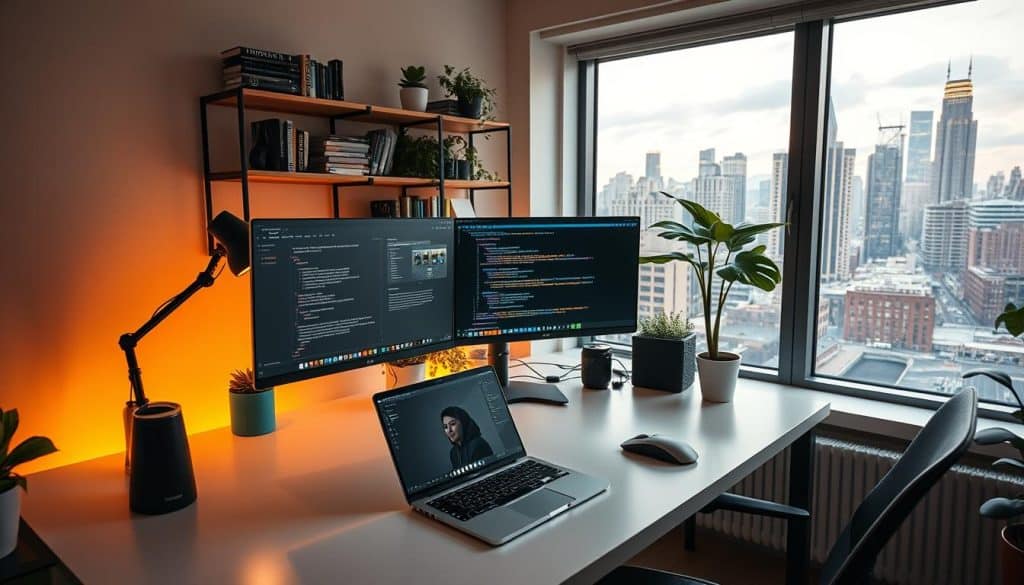 A cozy, well-equipped web development environment. In the foreground, a clean, minimalist desk with a high-resolution CRES display, a sleek laptop, and an ergonomic mouse. Warm, indirect lighting casts a soft glow, creating a calm, focused atmosphere. In the middle ground, shelves lined with programming books and a few indoor plants, hinting at a balance between work and relaxation. The background features a large window overlooking a bustling city skyline, providing inspiration and a connection to the digital world. The overall scene conveys a sense of productivity, professionalism, and an investment in the craft of web development.