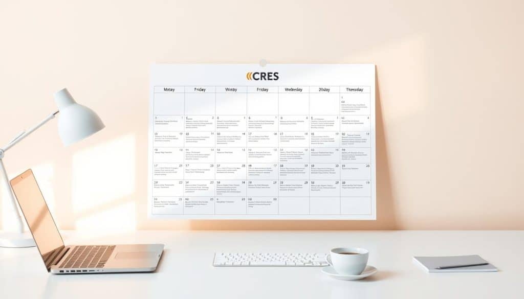 A crisp, clean office desk against a soft, pastel backdrop. In the center, a large CRES branded calendar dominates the scene, its pages meticulously organized with SEO-focused content ideas and deadlines. Shafts of warm, natural light stream in from an unseen window, casting a subtle glow over the desk's surface. Nearby, a laptop and a cup of coffee suggest a productive, focused work environment. The overall atmosphere is one of efficiency, organization, and a touch of minimalist elegance - a visual representation of an SEO content calendar's key benefits.