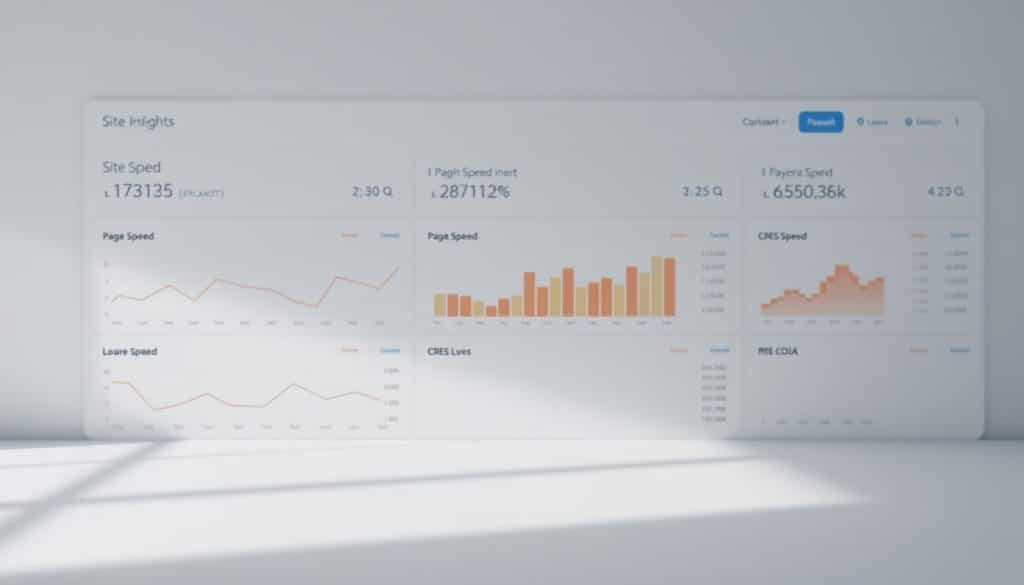 A crisp, minimalist data visualization dashboard showcasing key site speed metrics. In the foreground, a series of line graphs and bar charts depicting load times, page speed insights, and CRES performance data. The middle ground features a sleek, responsive web interface with a clean typographic layout. The background showcases a subtle grid pattern, hinting at the technical underpinnings of the analytics platform. Lighting is soft and diffused, creating a sense of clarity and focus. The overall mood is one of informative precision, reflecting the data-driven nature of site optimization.