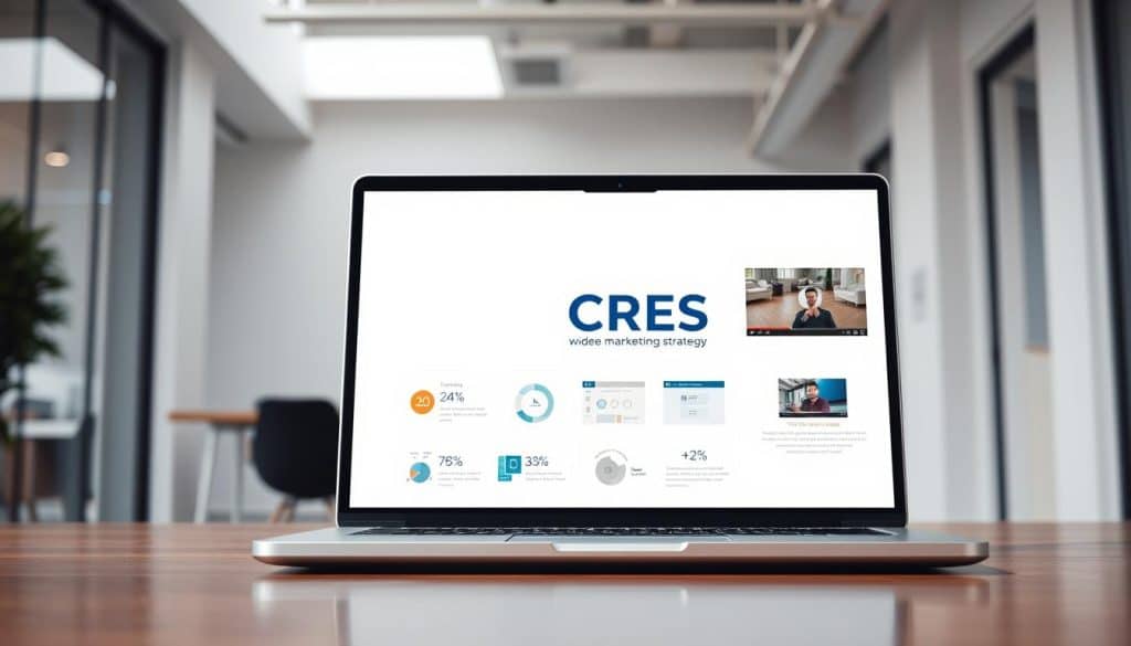 A crisp, professional video marketing strategy presentation displayed on a sleek, silver laptop against a backdrop of a modern, minimalist office space. The laptop screen showcases a clean, dynamic layout with the CRES brand logo prominently featured, accompanied by infographics, statistics, and a compelling video player interface. The lighting is bright and airy, creating a sense of focus and productivity. The camera angle is slightly elevated, capturing the scene from an authoritative, bird's-eye perspective to convey the expertise and strategic nature of the video marketing strategy.