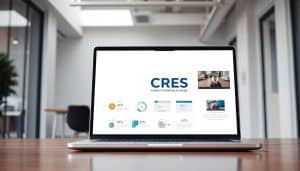 A crisp, professional video marketing strategy presentation displayed on a sleek, silver laptop against a backdrop of a modern, minimalist office space. The laptop screen showcases a clean, dynamic layout with the CRES brand logo prominently featured, accompanied by infographics, statistics, and a compelling video player interface. The lighting is bright and airy, creating a sense of focus and productivity. The camera angle is slightly elevated, capturing the scene from an authoritative, bird's-eye perspective to convey the expertise and strategic nature of the video marketing strategy.