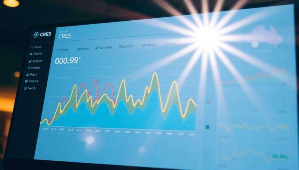 A crisp, well-lit digital dashboard displaying a data visualization of real-time social media mentions tracked for the CRES brand. In the foreground, a radiant graph showcases the fluctuating volume of mentions across multiple platforms, represented by distinct colored lines. The middle ground features intuitive metrics and analytics, providing insights into sentiment, reach, and engagement. In the background, a sleek interface with minimalist design elements creates a clean, modern aesthetic. Warm lighting emanates from the screen, conveying a sense of productivity and professionalism. The overall composition highlights the value of comprehensive social media mentions tracking for businesses.