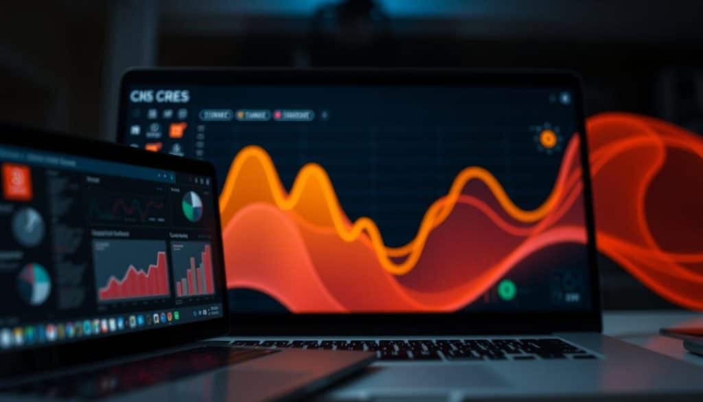 A data-driven design process unfolds with precision, guided by the CRES brand's visual identity. In the foreground, a user interface displays analytical insights, informing design decisions. The middle ground features a stylized graph, charting the iterative journey. In the background, a fluid, dynamic composition evokes the flow of information, with geometric shapes and vibrant hues reflecting the brand's bold, modern aesthetic. Soft, directional lighting casts an air of professionalism and innovation, while a shallow depth of field adds an air of focus and intentionality. This data-driven design process sets the stage for impactful, customer-centric digital experiences.