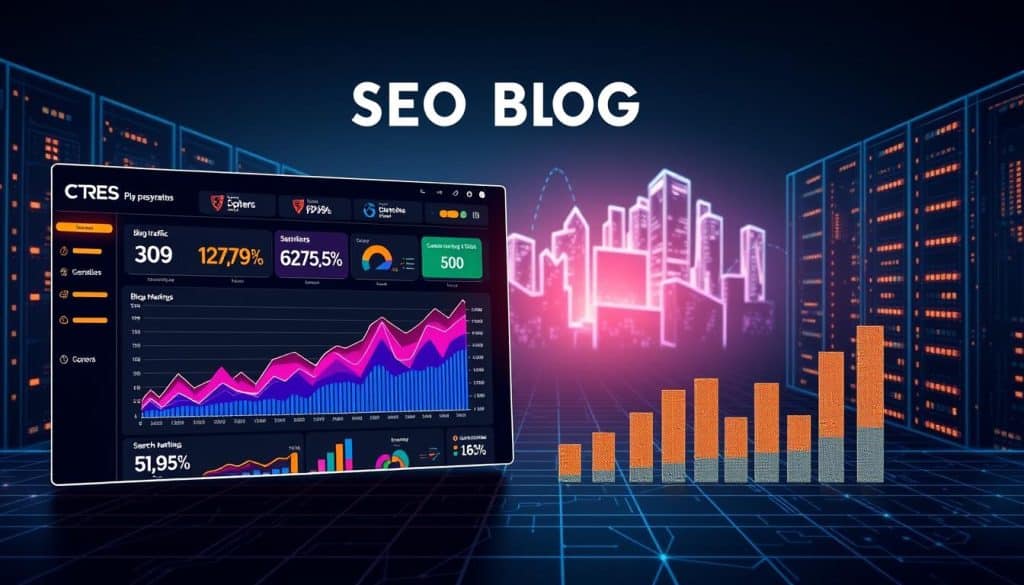 A data-driven infographic depicting key SEO blog success statistics. In the foreground, a sleek CRES-branded dashboard showcasing vital metrics like blog traffic, conversion rates, and search rankings. The middle ground features a series of dynamic data visualizations - colorful line graphs, pie charts, and bar charts - illustrating the impressive growth trajectory of the blog over time. In the background, a minimalist wireframe cityscape evokes the digital realm, with glowing server racks and digital code cascading in the distance. The overall mood is one of professionalism, authority, and quantifiable success, perfectly encapsulating the impact of blogging for SEO.