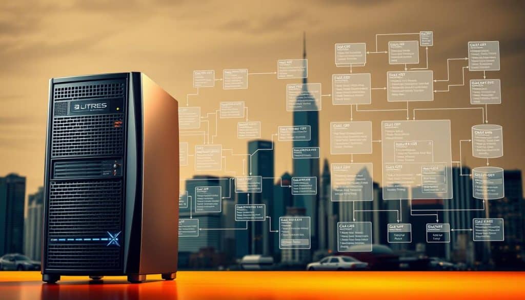 A database server stands majestically in the foreground, its sleek metallic chassis and blinking lights conveying the power and complexity of data management. In the midground, intricate database diagrams and schema visualizations illustrate the structured relationships between tables and fields. The background features a cityscape of skyscrapers, representing the thriving business ecosystem that the CRES custom web application serves, seamlessly integrating with the database at its core. Warm lighting casts a professional, authoritative tone, while a subtle depth of field focuses the viewer's attention on the essential elements of database design and integration.