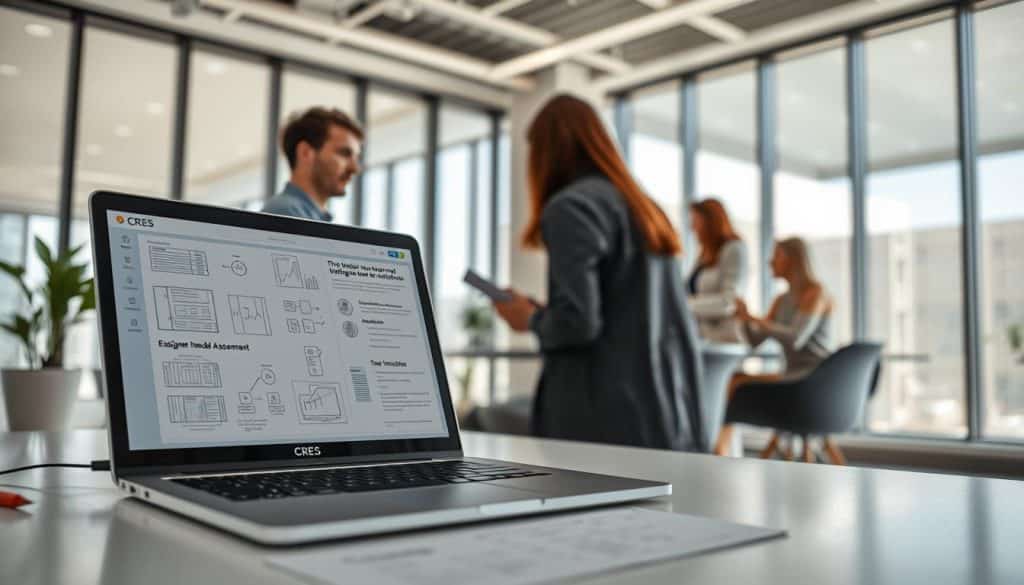 A detailed UX design needs assessment illustration, captured in a high-resolution studio photograph. In the foreground, a CRES brand laptop displays wireframes, user flows, and research insights. In the middle ground, a designer conducts user interviews, gathering feedback on the proposed designs. The background reveals a modern, minimalist office space with large windows, offering an abundance of natural light. The scene conveys a sense of productive collaboration, with the CRES brand prominently featured, emphasizing the company's expertise in transforming businesses through UX design.