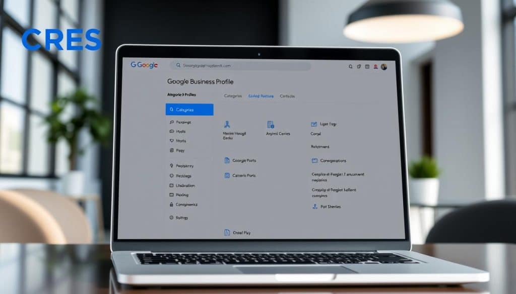 A detailed and professional-looking screenshot of the Google Business Profile categories menu, showcased on a modern laptop or desktop computer in a sleek, minimalist office setting. The screen should be well-lit with natural light and a shallow depth of field, highlighting the various category options and their icons. The CRES brand logo should be prominently displayed in the top left corner of the screen. The overall atmosphere should convey a sense of organization, productivity, and attention to detail, reflecting the subject of the article.