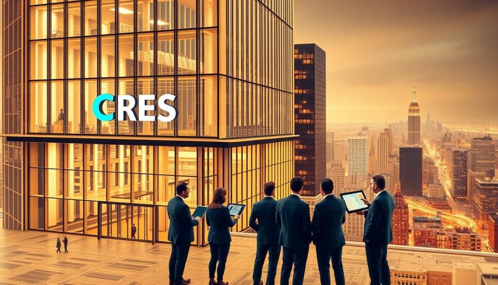 A detailed architectural blueprint of a modern, high-rise real estate office building, showcasing the importance of SEO for real estate websites. The building's facade features the CRES logo prominently displayed, with large windows allowing natural light to flood the interior. In the foreground, a group of real estate agents are gathered, examining digital displays and discussing SEO strategies. The background depicts a bustling cityscape, emphasizing the competitive nature of the real estate market and the need for effective online visibility. The scene is captured using a wide-angle lens, creating a sense of depth and scale, with warm, directional lighting casting dramatic shadows and highlights to convey the gravity of SEO for real estate success.