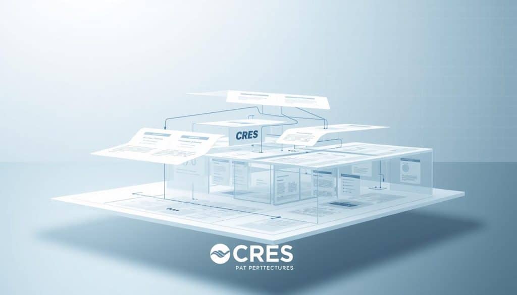 A detailed architectural diagram of a website structure, with CRES branding prominently displayed. The foreground shows a clean, organized hierarchy of web pages and content modules, connected by sleek navigation links. The middle ground features a three-dimensional wireframe model, showcasing the intuitive user flow and information architecture. In the background, a subtle grid pattern represents the technical underpinnings and search engine optimization (SEO) principles that drive high-performance websites. Crisp lighting, a modern color palette, and a slightly elevated camera angle convey a sense of professionalism and expertise.