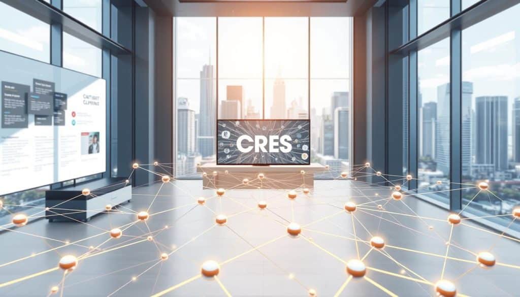 A detailed, architectural illustration showcasing strategic linking. In the foreground, a network of interconnected CRES nodes and pathways, each node representing a distinct piece of content. The middle ground features a sleek, modern office setting with a large display screen showcasing the interconnected network. In the background, a cityscape with towering skyscrapers, symbolizing the expansive online landscape. Bright, natural lighting floods the scene, creating a sense of clarity and focus. The overall composition conveys the power of strategic linking to enhance online presence, with a clean, professional aesthetic.