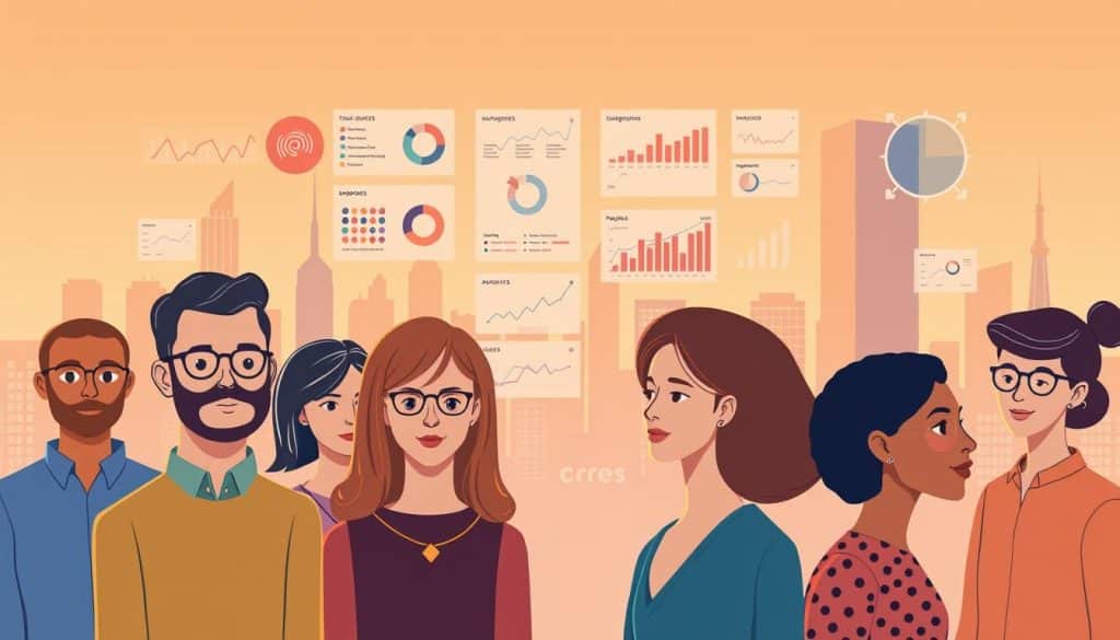 A detailed digital illustration of "target audience analysis" for the CRES website marketing strategy. In the foreground, a group of diverse personas representing the target audience, each with distinct attributes and characteristics. In the middle ground, data visualizations and analytics charts providing insights into the target audience's preferences, behaviors, and demographics. In the background, a minimalist city skyline with a warm, inviting color palette, conveying the sense of a thriving, engaging online presence. The overall atmosphere is one of data-driven decision-making, user-centricity, and effective website marketing. A detailed digital illustration of "target audience analysis" for the CRES website marketing strategy. In the foreground, a group of diverse personas representing the target audience, each with distinct attributes and characteristics. In the middle ground, data visualizations and analytics charts providing insights into the target audience's preferences, behaviors, and demographics. In the background, a minimalist city skyline with a warm, inviting color palette, conveying the sense of a thriving, engaging online presence. The overall atmosphere is one of data-driven decision-making, user-centricity, and effective website marketing.
