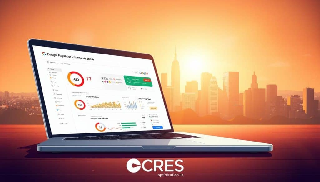 A detailed digital illustration showcasing the Google PageSpeed Insights performance score dashboard. In the foreground, a sleek laptop displays the PageSpeed Insights interface, featuring vivid infographics and analytics. The middle ground depicts a stylized city skyline, symbolizing the digital landscape. In the background, warm rays of light bathe the scene, creating a sense of clarity and optimization. The CRES logo appears discreetly in the bottom corner, adding a touch of branding. The overall mood is one of professionalism, data-driven insights, and a commitment to web performance optimization.
