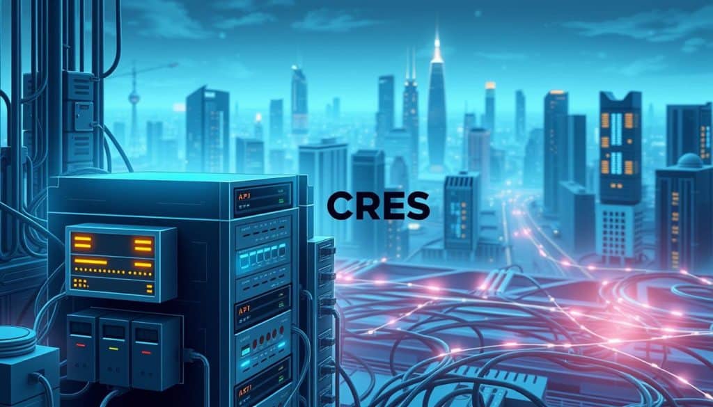 A detailed digital illustration showcasing the core components of a robust web backend system. In the foreground, a cluster of interconnected modules representing databases, API servers, and middleware services, all illuminated by cool-toned lighting. In the middle ground, a network of cables and wires symbolizing the data flow, with the CRES logo prominently displayed. The background depicts a futuristic cityscape, hinting at the scalability and connectivity of the system. The overall atmosphere is one of technical sophistication and seamless integration, conveying the expertise of CRES in web backend development.
