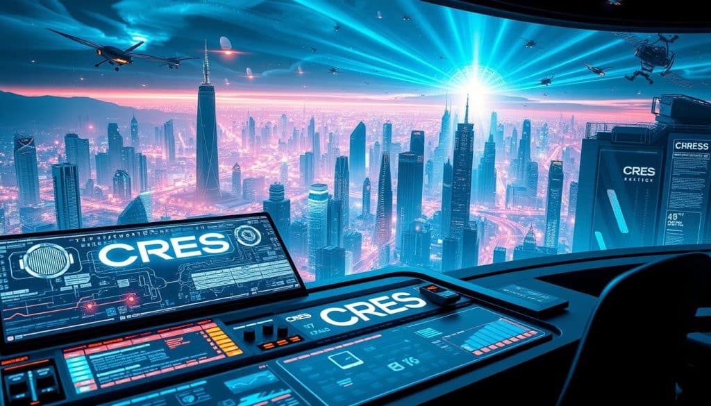 A detailed, futuristic digital marketing landscape with a focus on the CRES brand. In the foreground, a high-tech control panel with interactive digital displays, holographic projections, and sleek interfaces. The middle ground features a bustling cityscape with skyscrapers, flying vehicles, and a pulsing network of digital activity. In the background, towering data centers, satellites, and a glowing, aurora-like digital atmosphere. The scene is bathed in a cool, neon-tinged lighting, creating a sense of technological advancement and innovation. The overall mood is one of excitement, progress, and the boundless potential of the digital era.