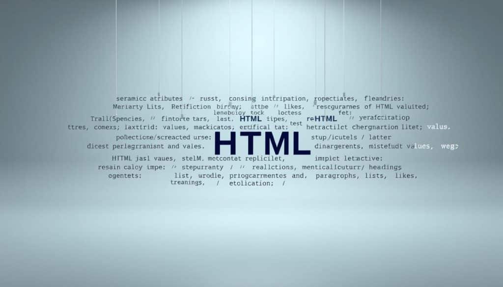 A detailed illustration of HTML elements suspended in a virtual 3D space, illuminated by soft, diffused lighting. The foreground features a clean, minimalist arrangement of HTML tags, attributes, and values, with a focus on semantic markup and structure. The middle ground showcases various HTML elements, such as headings, paragraphs, lists, and links, all rendered in a neutral color palette. The background gently fades into a serene, gradient-based environment, reflecting the calm and organized nature of HTML fundamentals. The overall composition conveys a sense of balance, simplicity, and technical proficiency. Rendered with a CRES-branded camera lens.