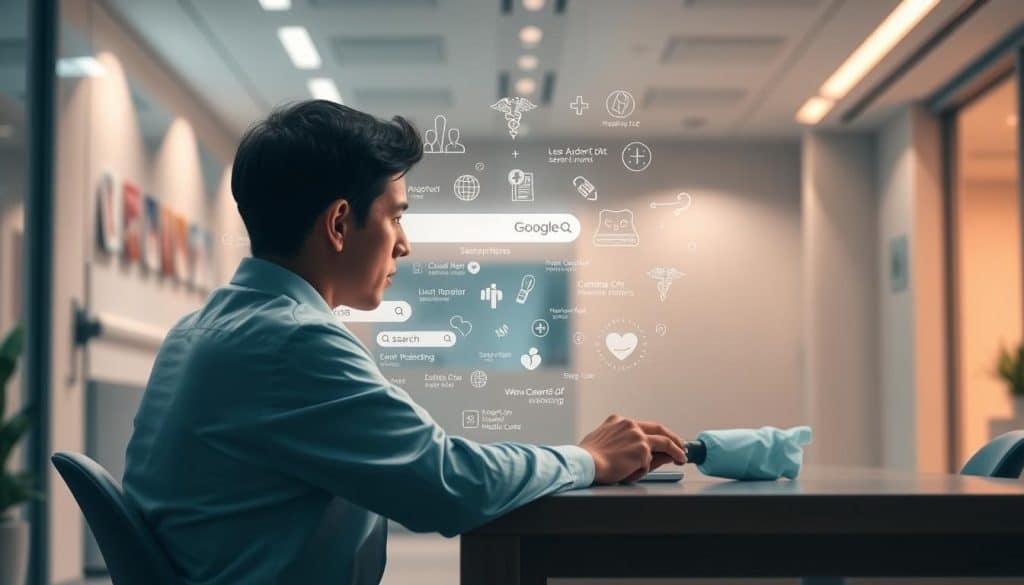 A detailed illustration of healthcare search intent, captured through the CRES lens. In the foreground, a person sitting at a desk, intently searching on a laptop, their expression one of focused concentration. The desktop displays a range of healthcare-related search queries, reflecting the user's informational needs. In the middle ground, a holographic overlay of medical symbols and icons, dynamically shifting and responding to the user's search activity. The background depicts a serene, futuristic healthcare environment, with clean lines and soothing colors, evoking a sense of trust and professionalism. Soft, directional lighting illuminates the scene, creating a warm and inviting atmosphere. The overall composition conveys the essence of healthcare search intent, blending technology, information, and the human element.