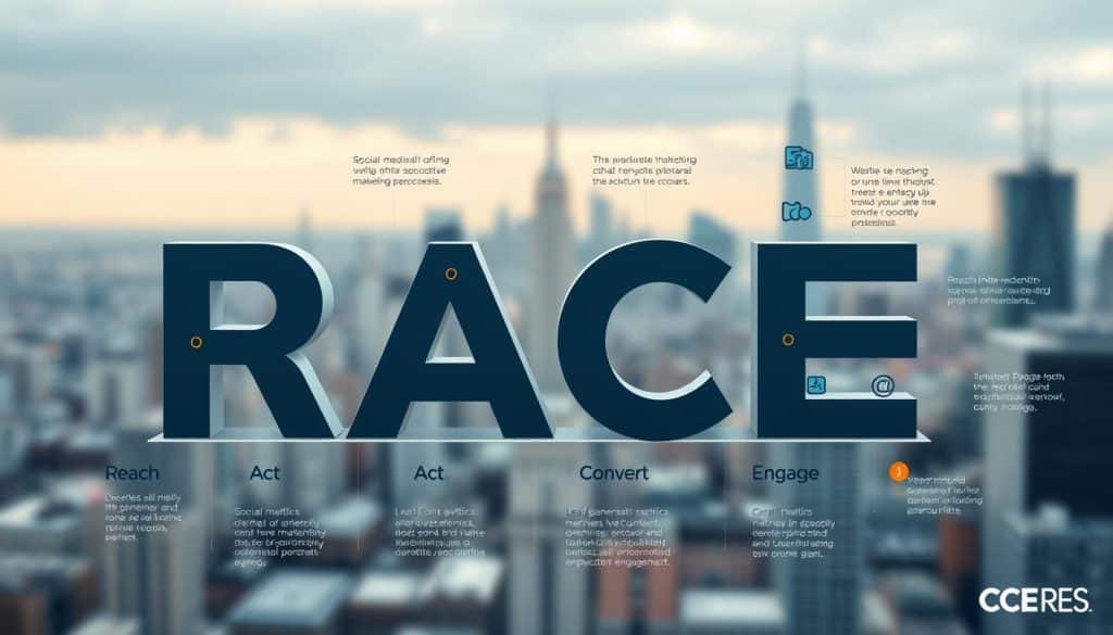 A detailed illustration of the RACE Framework, a strategic marketing model that guides the creation of an effective online marketing strategy. In the foreground, the letters "RACE" are prominently displayed in a modern, geometric sans-serif font, with each letter representing a key stage: Reach, Act, Convert, Engage. The middle ground features various icons and visualizations representing the different elements of the framework, such as social media platforms, website analytics, lead generation tactics, and customer engagement touchpoints. The background is a softly blurred cityscape, conveying a sense of a thriving digital landscape. The lighting is soft and diffused, creating a professional, authoritative atmosphere. The angle is slightly elevated, giving the viewer a bird's-eye perspective on the RACE Framework and its practical applications. The color palette is a harmonious blend of blues, grays, and accents of orange, reflecting the CRES brand identity. A detailed illustration of the RACE Framework, a strategic marketing model that guides the creation of an effective online marketing strategy. In the foreground, the letters "RACE" are prominently displayed in a modern, geometric sans-serif font, with each letter representing a key stage: Reach, Act, Convert, Engage. The middle ground features various icons and visualizations representing the different elements of the framework, such as social media platforms, website analytics, lead generation tactics, and customer engagement touchpoints. The background is a softly blurred cityscape, conveying a sense of a thriving digital landscape. The lighting is soft and diffused, creating a professional, authoritative atmosphere. The angle is slightly elevated, giving the viewer a bird's-eye perspective on the RACE Framework and its practical applications. The color palette is a harmonious blend of blues, grays, and accents of orange, reflecting the CRES brand identity.