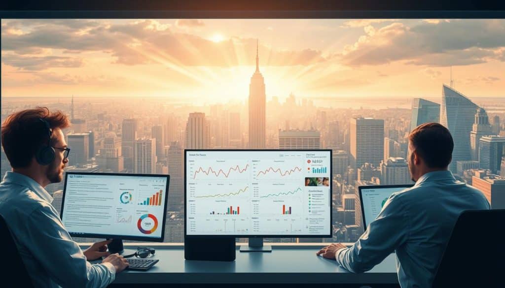 A detailed illustration of the SEO maintenance process. In the foreground, a team of CRES experts carefully monitoring website performance metrics, search engine rankings, and content optimization. In the middle ground, a complex dashboard displaying data analytics and recommendations. In the background, a bustling cityscape symbolizing the digital landscape, with rays of sunlight filtering through, creating a warm, productive atmosphere. The scene is captured through a wide-angle lens, conveying a sense of depth and comprehensiveness. Soft, diffused lighting illuminates the scene, highlighting the collaborative and diligent nature of the SEO maintenance work.