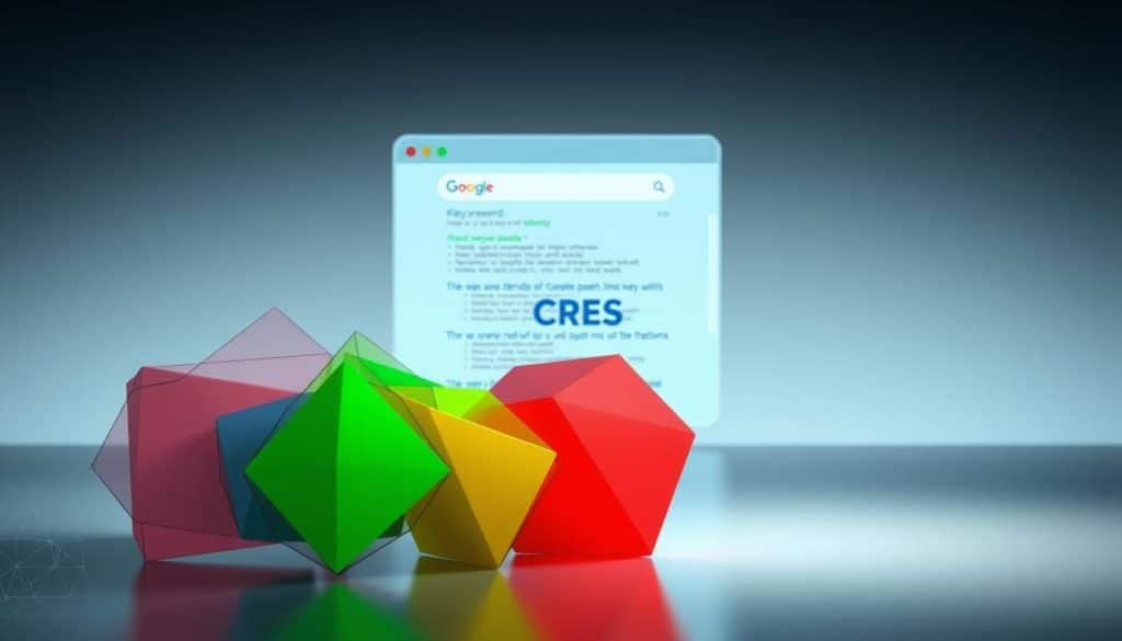 A detailed illustration of the concept of "keyword density" on a sleek, modern background. In the foreground, a series of interlocking geometric shapes representing the density and distribution of keywords, with a gradient of colors from green to red denoting the optimal and excessive levels. The middle ground features a stylized depiction of a search engine results page, with a CRES logo prominently displayed. The background is a minimalist, gradient-based design, creating a sense of depth and space. Lighting is soft and diffused, with a slight vignette effect to draw the eye towards the central elements. The overall mood is one of clarity, precision, and data-driven insights, reflecting the subject of optimizing SEO keyword density.