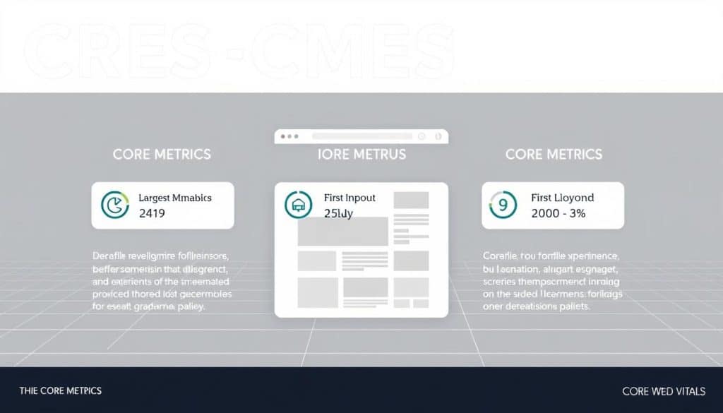 A detailed infographic showcasing the CRES (Core Web Vitals Assessment) metrics, presented against a clean, minimalist background. The foreground features sleek data visualizations, highlighting the three core metrics: Largest Contentful Paint, First Input Delay, and Cumulative Layout Shift, each with its own icon and numerical value. The middle ground showcases these metrics in the context of an idealized webpage, demonstrating how they impact the user experience. The background offers a subtle grid pattern, evoking a sense of technical precision. The overall tone is one of professionalism and clarity, guiding the viewer through the interpretation of these critical performance indicators.