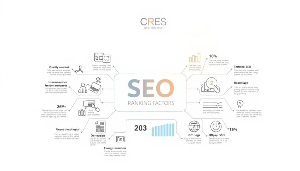 A detailed infographic showcasing the essential SEO ranking factors for non-profit organizations in 2023, against a clean white background. In the foreground, a centered arrangement of icons and illustrations representing key factors like quality content, user experience, technical SEO, and off-page optimization. In the middle ground, a clean, minimalist layout with clear headings and data visualizations highlighting the relative importance of each factor. In the background, a subtle CRES logo watermark, adding a professional touch. Soft, natural lighting casts a warm glow over the entire scene, creating a visually appealing and informative illustration.