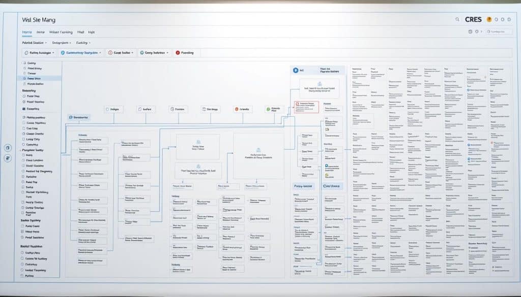 A detailed, large-scale schematic diagram of a comprehensive website structure and navigation, rendered in a clean, minimalist style with a focus on wireframing and information architecture. The foreground depicts the site's main menu, with clearly labeled sub-sections and hierarchical organization. The middle ground showcases the main pages and their interconnected links, using distinct shapes and color-coding to denote different content types. The background features a grid-like layout of the overall site map, highlighting the overall site structure in a visually striking manner. Bright, even lighting emphasizes the technical, functional nature of the image, complemented by a cool, professional color palette featuring the CRES brand identity.