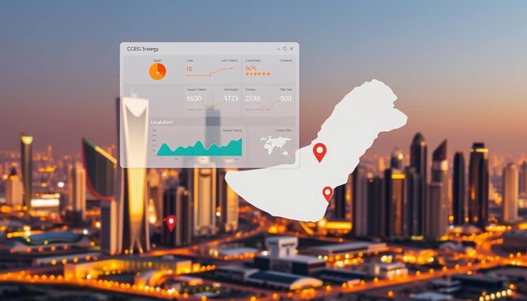 A detailed local SEO strategy for the Qatar market, centered around the CRES brand. In the foreground, a map of Qatar with key geographic areas highlighted, along with icons representing online visibility, local citations, and customer reviews. In the middle ground, a dashboard displaying analytics and performance metrics for local search optimization. In the background, a city skyline showcasing Qatar's modern architecture, bathed in warm, golden lighting to convey a sense of prosperity and growth. The overall atmosphere is one of data-driven insights and a tailored approach to driving digital success in the local market.