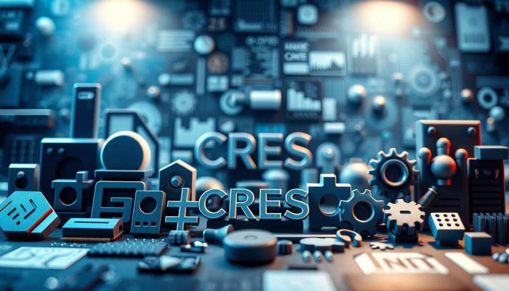 A detailed, photorealistic image of various graphic design elements arranged in a visually striking composition. In the foreground, a collection of geometric shapes, typography, and icons in a vibrant color palette of blues, grays, and metallic accents. The middle ground features a CRES logo rendered in a sleek, modern style. In the background, a blurred, out-of-focus backdrop of digital patterns, textures, and subtle gradients, creating a sense of depth and dimensionality. Lighting is dramatic, with strong shadows and highlights that accentuate the three-dimensional qualities of the elements. The overall mood is sophisticated, innovative, and visually captivating.