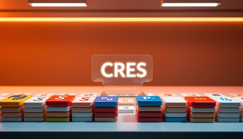 A detailed, side-by-side comparison of popular web application programming languages against a sleek, minimalist backdrop. In the foreground, stacks of glossy, color-coded programming language icons (Python, JavaScript, PHP, Ruby, Java, C#) arranged in a grid pattern, illuminated by warm, directional lighting. In the middle ground, a transparent CRES logo hovers, casting a soft glow. The background features a muted, gradient-based display, creating a clean, professional atmosphere that highlights the technical nature of the subject matter.