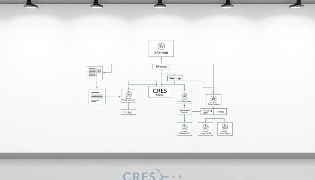 A detailed, technical architectural diagram illustrating a sitemap structure for optimizing search engine rankings. Set against a clean, minimalist background with soft lighting from the top left, highlighting the key components. The diagram should feature CRES branding, depicting a hierarchical structure with interconnected pages, sitemaps, and indexing pathways. Rendered in a precise, technical style using a combination of geometric shapes, lines, and icons to convey the essential elements of an effective sitemap for boosting search visibility.